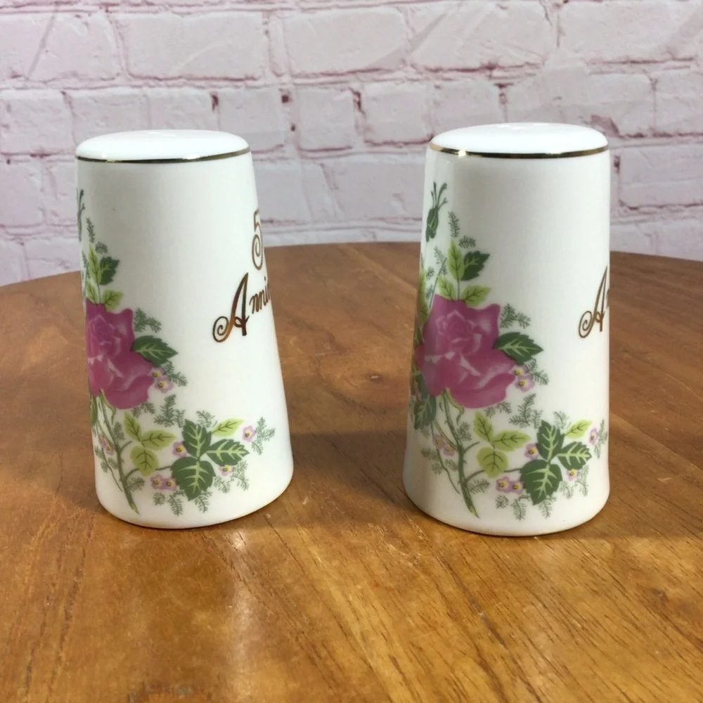 Vintage Pink Rose 50th Anniversary Porcelain Salt and Pepper Shaker Pair